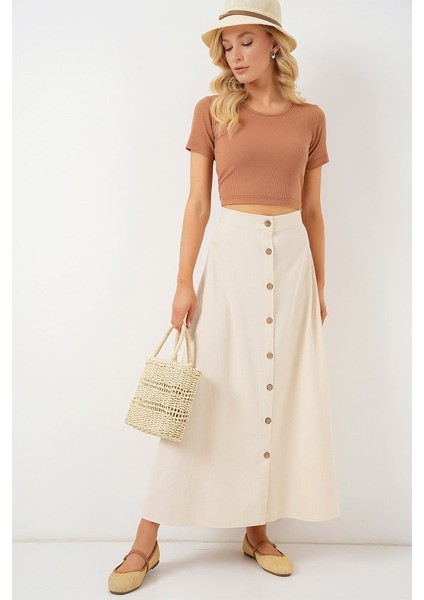 Düğmeli Keten Uzun Etek 8046 - Krem