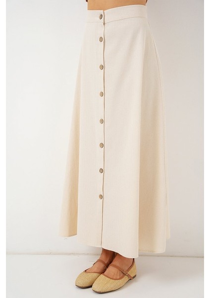 Düğmeli Keten Uzun Etek 8046 - Krem fiyatları