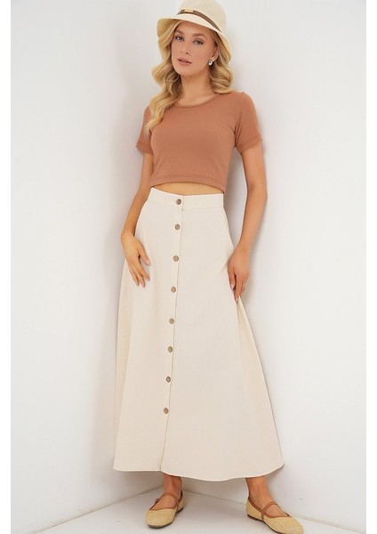 Düğmeli Keten Uzun Etek 8046 - Krem modelleri