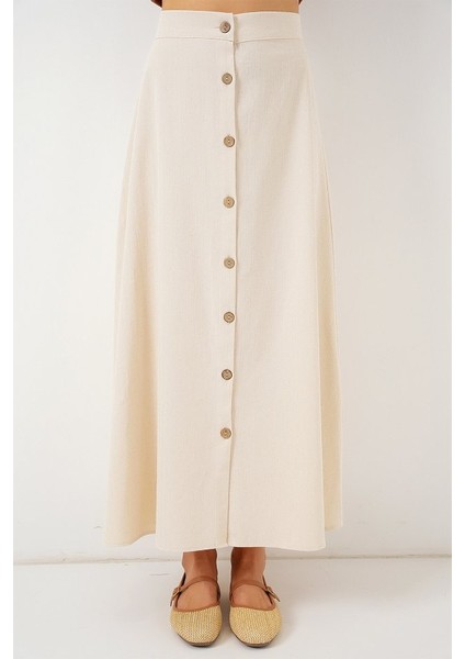 Düğmeli Keten Uzun Etek 8046 - Krem fırsatları