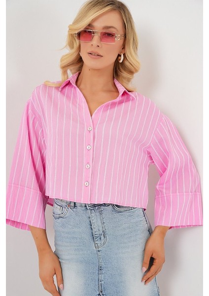Çizgili Oversize Kısa Gömlek 20326 - Pembe
