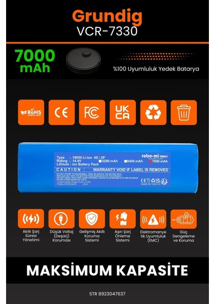 Grundig Vcr 7330 7000mAh Robot Süpürge Bataryası - Gerçek Kapasite, Maksimum Güvenlik modelleri