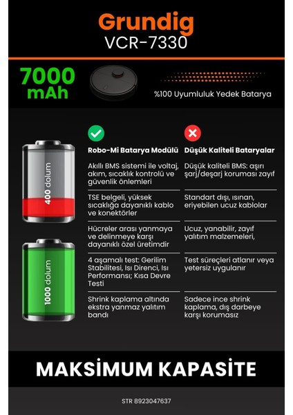 Grundig Vcr 7330 7000mAh Robot Süpürge Bataryası - Gerçek Kapasite, Maksimum Güvenlik