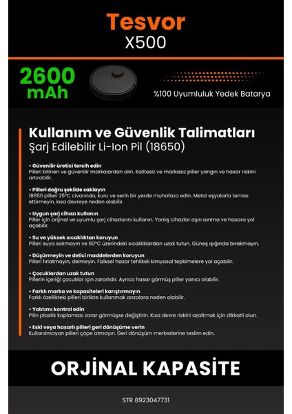 Tesvor X500 Robot Süpürge Uyumlu Batarya 2600 Mah