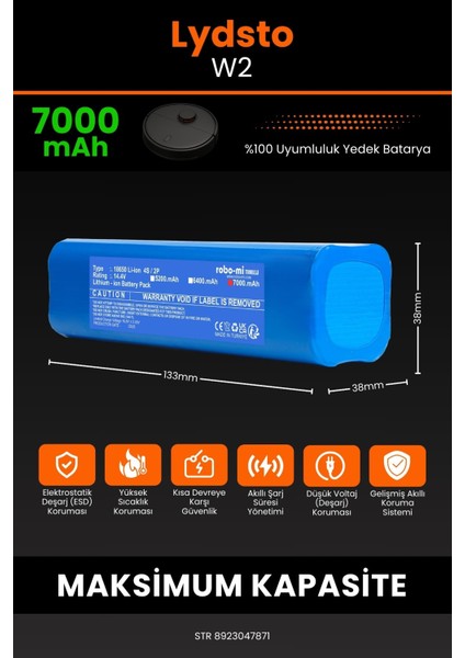 Lydsto W2 Uyumlu 7000 Mah Robot Süpürge Bataryası