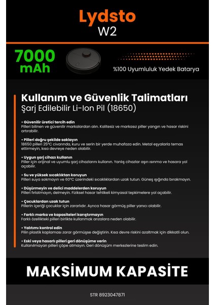 Lydsto W2 Uyumlu 7000 Mah Robot Süpürge Bataryası