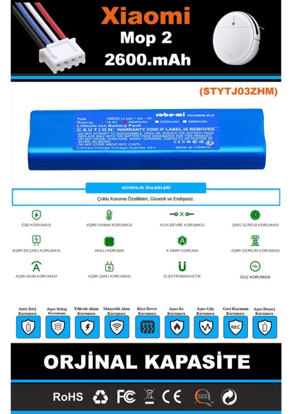 Xiaomi Mi Vacuum Mop 2 STYTJ03ZHM 2600mAh Robot Süpürge Bataryası - Gerçek Kapasite
