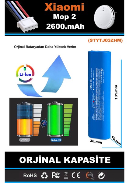 Xiaomi Mi Vacuum Mop 2 STYTJ03ZHM 2600mAh Robot Süpürge Bataryası - Gerçek Kapasite