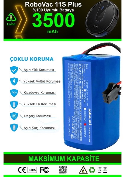 Eufy Robovac 11S Plus 3500mAh Robot Süpürge Bataryası - Gerçek Kapasite, Maksimum Güvenlik indirimleri