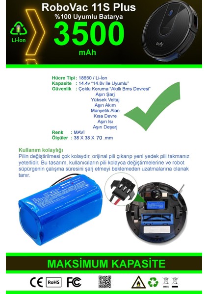 Eufy Robovac 11S Plus 3500mAh Robot Süpürge Bataryası - Gerçek Kapasite, Maksimum Güvenlik
