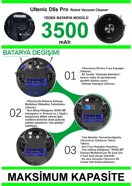 Ultenic D5S Pro 3500mAh Robot Süpürge Bataryası - Gerçek Kapasite, Maksimum Güvenlik