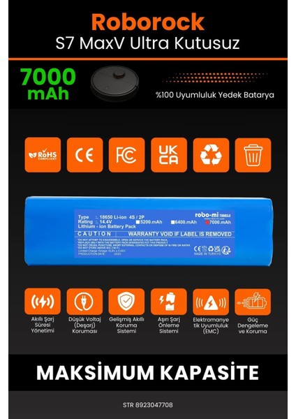 Roborock S7 Max V Ultra Uyumlu (Kutusuz) 7000 Mah Süpürge Bataryası