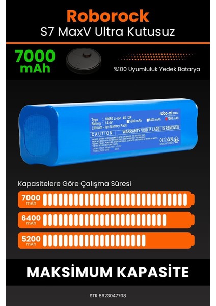 Roborock S7 Max V Ultra Uyumlu (Kutusuz) 7000 Mah Süpürge Bataryası