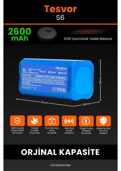 Tesvor S6 2600mAh Robot Süpürge Bataryası - Gerçek Kapasite, Maksimum Güvenlik fiyatları