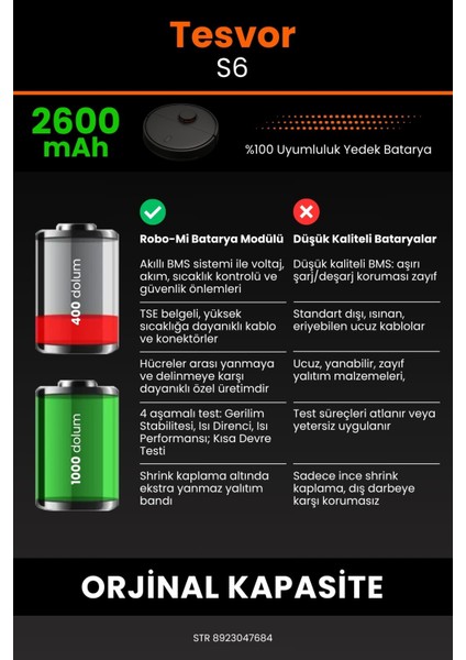 Tesvor S6 2600mAh Robot Süpürge Bataryası - Gerçek Kapasite, Maksimum Güvenlik