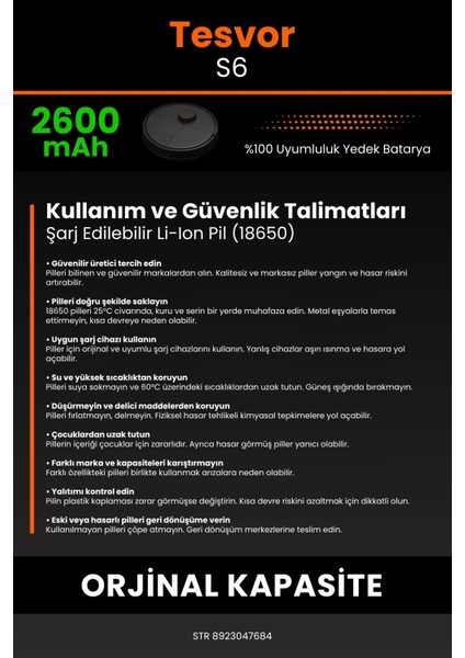 Tesvor S6 2600mAh Robot Süpürge Bataryası - Gerçek Kapasite, Maksimum Güvenlik
