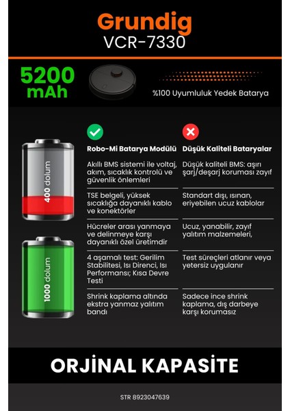 Grundig Vcr 7330 5200mAh Robot Süpürge Bataryası - Gerçek Kapasite, Maksimum Güvenlik