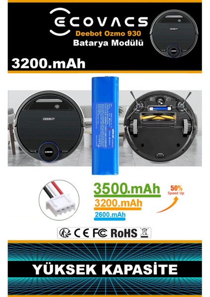Ecovacs Deebot Ozmo 930 3200mAh Robot Süpürge Bataryası - Gerçek Kapasite, Maksimum Güvenlik modelleri