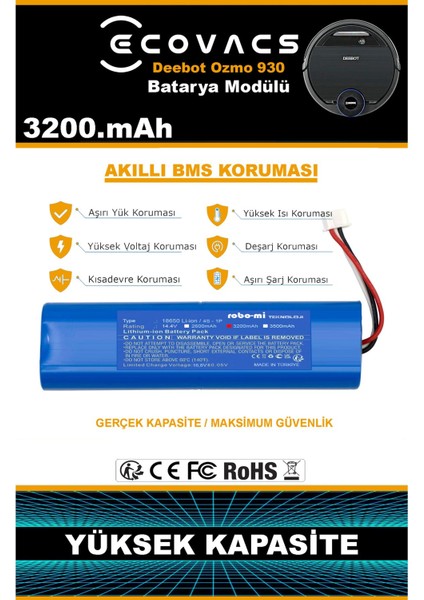 Ecovacs Deebot Ozmo 930 3200mAh Robot Süpürge Bataryası - Gerçek Kapasite, Maksimum Güvenlik fırsatları
