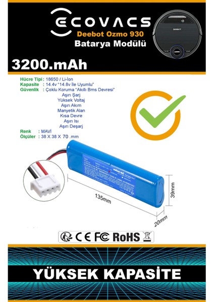 Ecovacs Deebot Ozmo 930 3200mAh Robot Süpürge Bataryası - Gerçek Kapasite, Maksimum Güvenlik