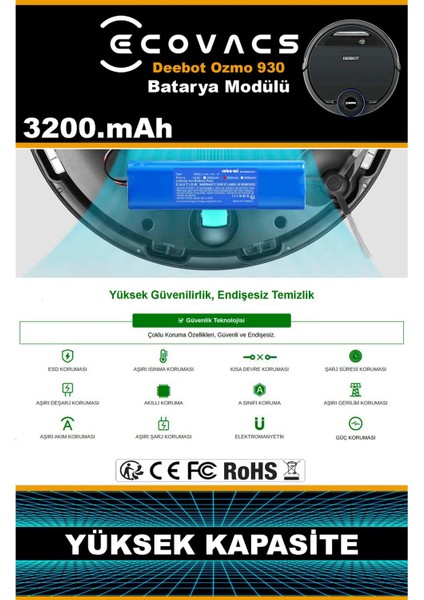 Ecovacs Deebot Ozmo 930 3200mAh Robot Süpürge Bataryası - Gerçek Kapasite, Maksimum Güvenlik