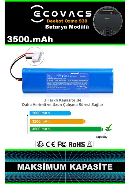 Ecovacs Deebot Ozmo 930 3500mAh Robot Süpürge Bataryası - Gerçek Kapasite, Maksimum Güvenlik fiyatları