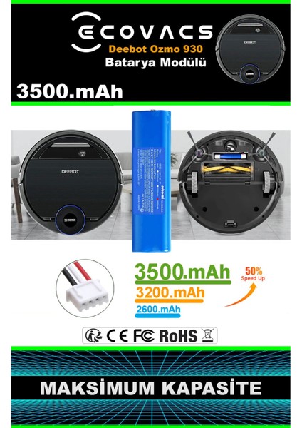Ecovacs Deebot Ozmo 930 3500mAh Robot Süpürge Bataryası - Gerçek Kapasite, Maksimum Güvenlik modelleri