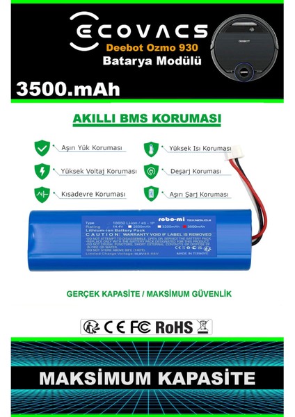 Ecovacs Deebot Ozmo 930 3500mAh Robot Süpürge Bataryası - Gerçek Kapasite, Maksimum Güvenlik fırsatları