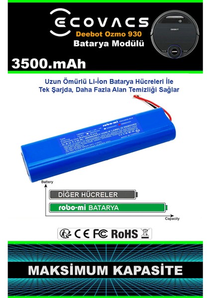 Ecovacs Deebot Ozmo 930 3500mAh Robot Süpürge Bataryası - Gerçek Kapasite, Maksimum Güvenlik indirimleri
