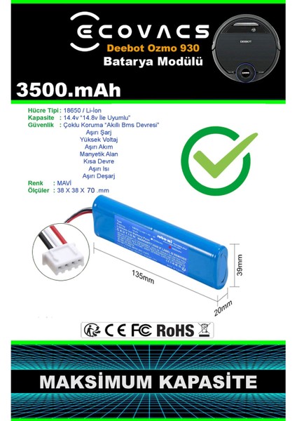 Ecovacs Deebot Ozmo 930 3500mAh Robot Süpürge Bataryası - Gerçek Kapasite, Maksimum Güvenlik