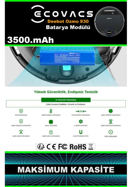 Ecovacs Deebot Ozmo 930 3500mAh Robot Süpürge Bataryası - Gerçek Kapasite, Maksimum Güvenlik