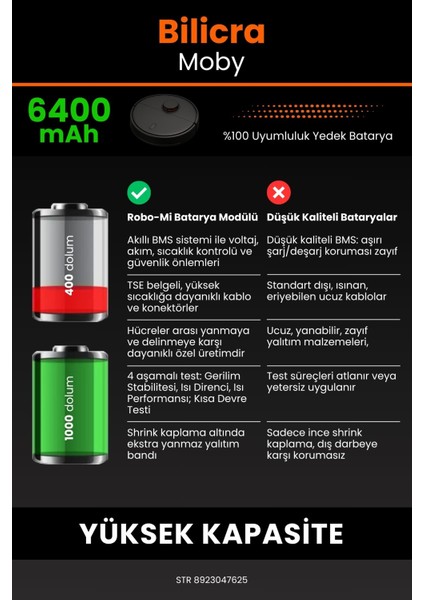 Bilicra Moby 6400mAh Robot Süpürge Bataryası - Gerçek Kapasite, Maksimum Güvenlik