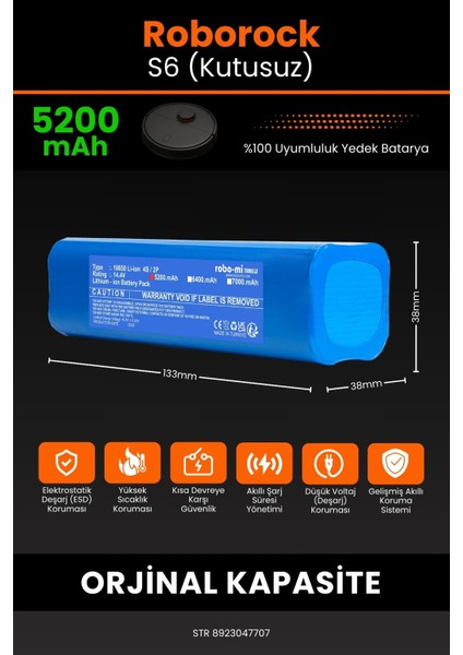 Roborock S6 Uyumlu (Kutusuz) 5200 Mah Robot Süpürge Bataryası