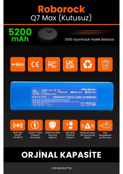 Roborock Q7 Max Uyumlu (Kutusuz) 5200 Mah Süpürge Bataryası