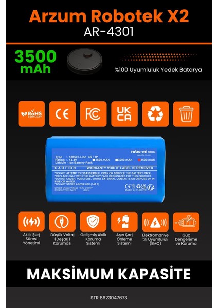 Arzum Robotek X2 AR4301 Uyumlu Batarya (Maksimum Kapasite) 3500.MAH