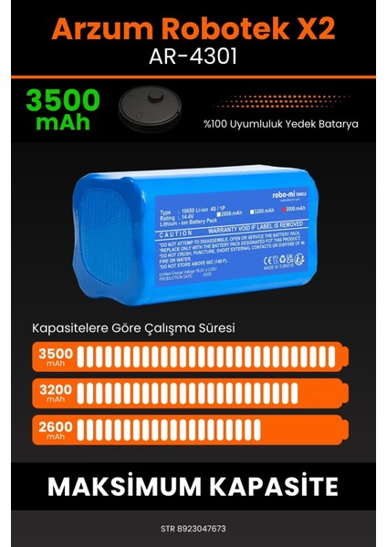 Arzum Robotek X2 AR4301 Uyumlu Batarya (Maksimum Kapasite) 3500.MAH