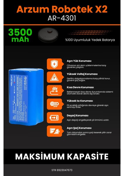 Arzum Robotek X2 AR4301 Uyumlu Batarya (Maksimum Kapasite) 3500.MAH