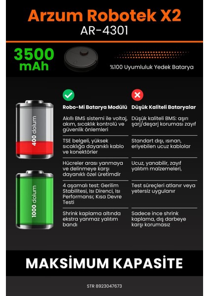 Arzum Robotek X2 AR4301 Uyumlu Batarya (Maksimum Kapasite) 3500.MAH