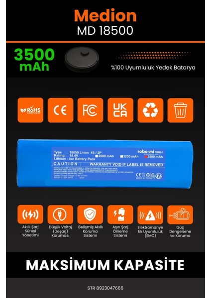 Medion MD 18500 3500mAh Robot Süpürge Bataryası - Gerçek Kapasite, Maksimum Güvenlik indirimleri
