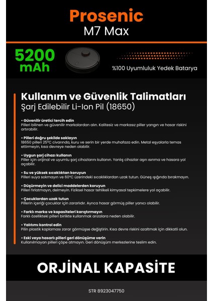 Proscenic M7 Max 5200mAh Robot Süpürge Bataryası - Gerçek Kapasite, Maksimum Güvenlik