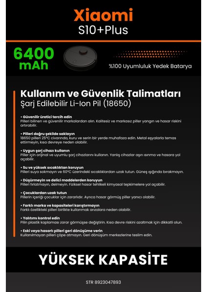 Xiaomi Robot Vacuum S10+ Plus 6400mAh Robot Süpürge Bataryası - Gerçek Kapasite, Maksimum Güvenlik