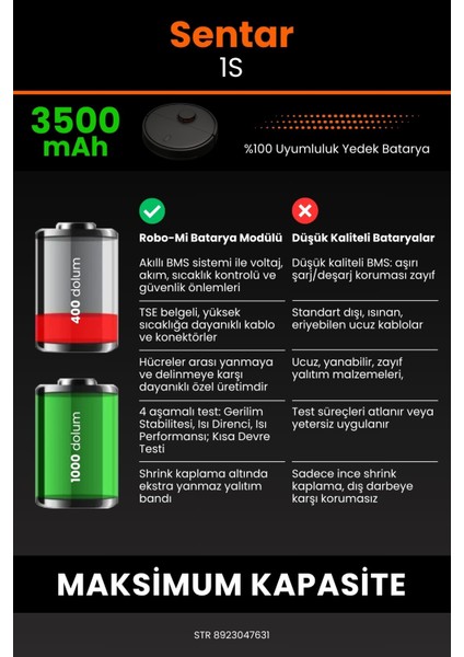 Sentar 1S 3500mAh Robot Süpürge Bataryası - Gerçek Kapasite, Maksimum Güvenlik