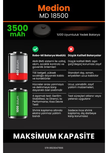 Medion MD 18500 3500mAh Robot Süpürge Bataryası - Gerçek Kapasite, Maksimum Güvenlik