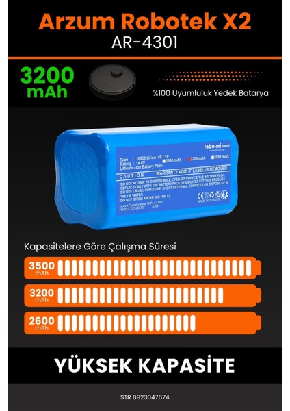 Arzum AR4301 Robotek X2 3200mAh Robot Süpürge Bataryası - Gerçek Kapasite, Maksimum Güvenlik