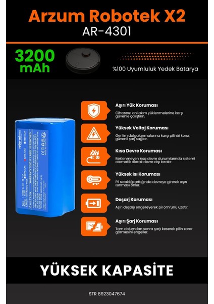 Arzum AR4301 Robotek X2 3200mAh Robot Süpürge Bataryası - Gerçek Kapasite, Maksimum Güvenlik