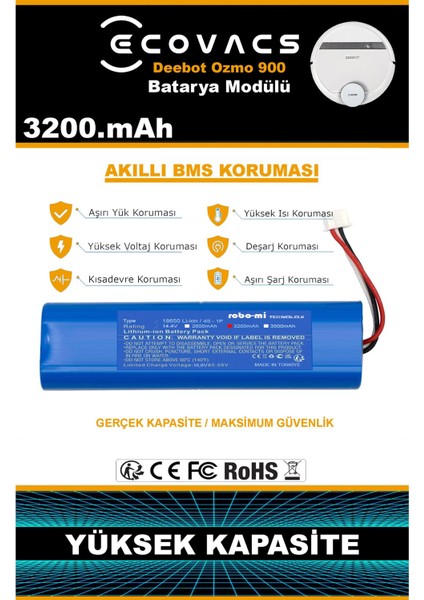 Ecovacs Deebot Ozmo 900 3200mAh Robot Süpürge Bataryası - Gerçek Kapasite, Maksimum Güvenlik fırsatları