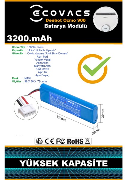 Ecovacs Deebot Ozmo 900 3200mAh Robot Süpürge Bataryası - Gerçek Kapasite, Maksimum Güvenlik