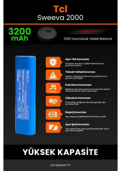 Tcl Sweeva 2000 3200mAh Robot Süpürge Bataryası - Gerçek Kapasite, Maksimum Güvenlik indirimleri