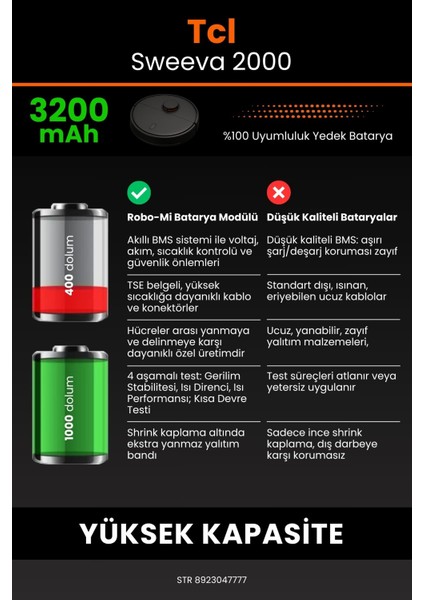 Tcl Sweeva 2000 3200mAh Robot Süpürge Bataryası - Gerçek Kapasite, Maksimum Güvenlik