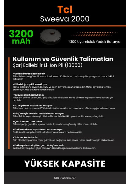Tcl Sweeva 2000 3200mAh Robot Süpürge Bataryası - Gerçek Kapasite, Maksimum Güvenlik